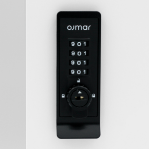 A black ojmar locker combination lock with 4 dials fitted to a light grey locker door.