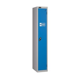 A blue 1 door ppe locker with a sticker and a silver frame on a white background.