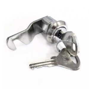 A link metal cam lock with a hooked cam bar for new lockers and 2 keys on a white background.