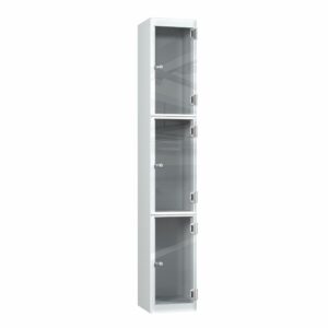 A pure clear door perspex 3 door locker with standard cam locks and a pearl silver frame on a white background.