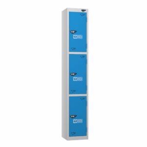 A pure 3 door ppe locker in cobolt blue and a pearl silver frame with cam locks and stickers on a white background.