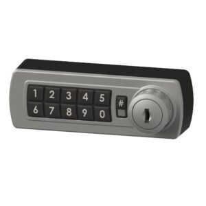 A black and silver gemini electronic 3700 locker lock with keypad numbers on a white background.
