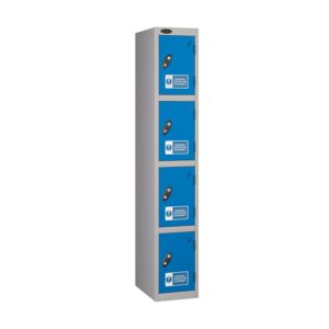 A probe 4 door locker with ppe stickers, blue doors and silver frames on a white background.