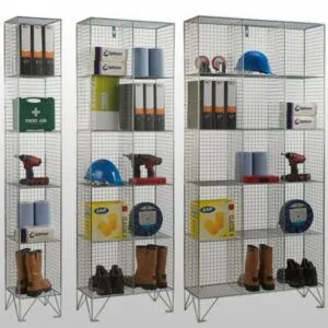 The 5 door wire mesh lockers with doors in nest of 1, nest of 2, and nest of 3 with clothing hung inside each compartment on a white background.