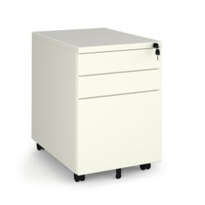 A white steel 3 drawer pedestal unit on black wheels with a white background.