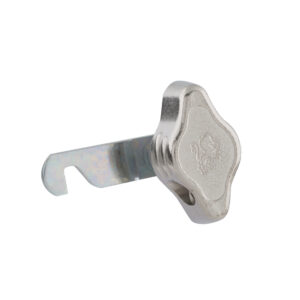 A silver probe diamond hasp & staple locker lock for padlocks with a hooked cam bar on a white background.