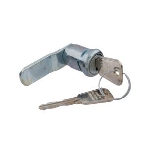 A metal link locker 66 series cam lock with 2 keys and a flat cam locking bar on a white background.