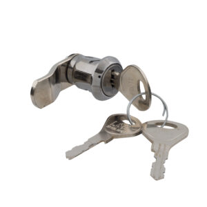 A metal helmsman locker cam lock with 2 keys and a short cam locking bar on a white background.