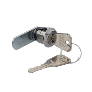 A bisley metal cam lock with a flat cam bar and 2 keys on a white background for 64 series locks.