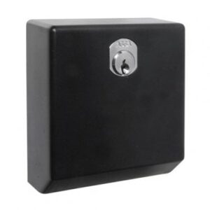A black assa cash box for coin locks with a silver key hole for access inside on a white background.