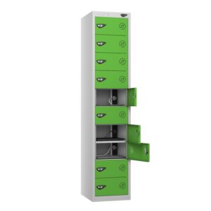 A pure 15 door tablet charging locker with forest green doors and a pearl silver frame on a white background.