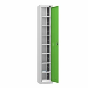A pure 1 door 8 compartment tablet charging locker in forest green with a pearl silver frame.