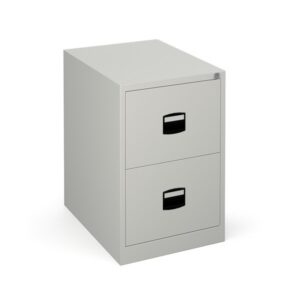 A steel 2 drawer filing cabinet with black locks on a white background.