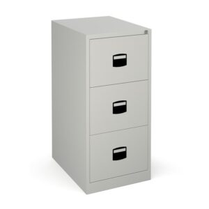 A steel 3 drawer filing cabinet with black locks on a white background.