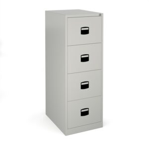 A steel 4 drawer filing cabinet with black locks on a white background.
