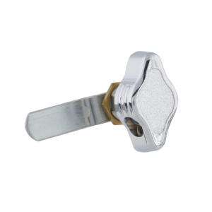 A silver helmsman diamond hasp & staple locker lock for padlocks and a brass fixing nut on a white background.