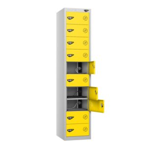 A pure 10 door tablet charging locker with lemon yellow doors and a pearl silver frame on a white background.