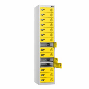 A pure 15 door laptop charging locker with lemon yellow doors and a pearl silver frame on a white background.