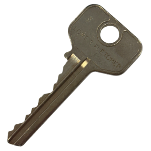 A brass l&f coin lock master key suitable for probe lockers only with a hole for a split ring on a white background.