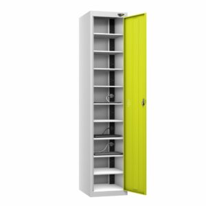 A pure 1 door 10 compartment laptop charging locker with a lime light door and a pearl silver frame on a white background.