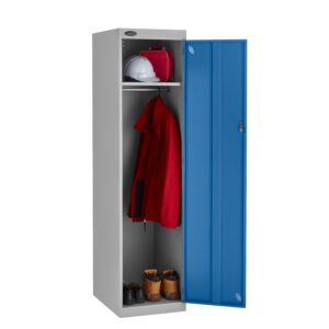 A probe police locker with the door open to show shelves and clothes inside with a blue door and silver frame.