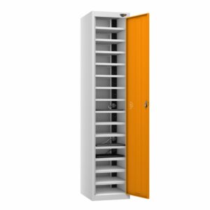 A pure 1 door 15 compartment laptop charging locker with a magma door and a pearl silver frame on a white background.