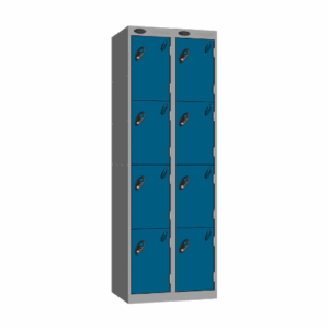 A probe 4 door steel locker nest of 2 with a silver frame and blue doors with cam locks on a white background.