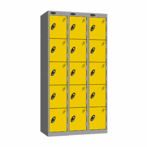 A probe 5 door steel locker with a silver frame and yellow doors with cam locks on a white background.