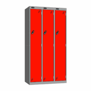 A probe 1 door steel locker nest of 3 with a silver frame and a red door with cam locks on a white background.