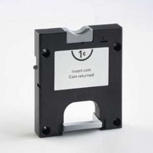 A black and grey ojmar coin operated lock for wet area left hand doors on a light grey background.