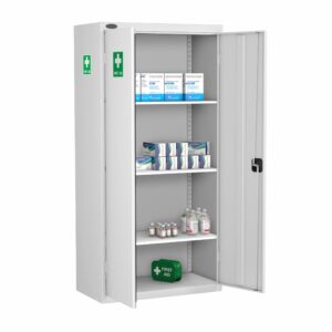 A probe standard medical cabinet in silver with both doors open and all 3 shelves on show.