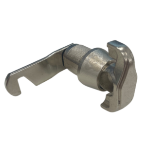 A metal pure locker hasp & staple locker lock for padlocks with a hooked cam bar on a white background.