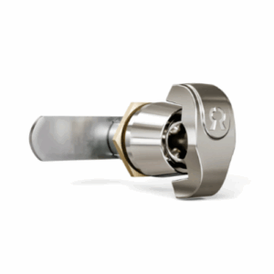 A silver storm locker hasp lock for padlocks with a brass fixing nut on the barrel.