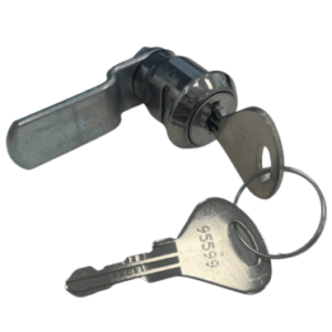 A helmsman metal cam lock with a cranked cam bar and 2 keys on a white background.