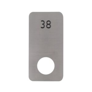 A stainless steel locker number plate with a black number 38 on top and a circular cut out at the bottom for locker doors.