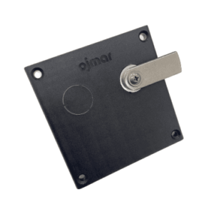 A black Ojmar coin to hasp lock conversion plate with silver cam bar on a white background.