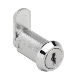 A metal storm locker cam lock with a key hole on a white background.