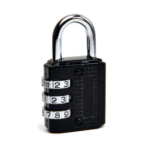 A black and silver 3 dial combination lock suitable for padlocks on a white background.