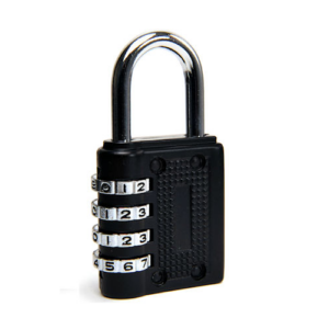 A black and silver 4 dial combination lock suitable for padlocks on a white background.