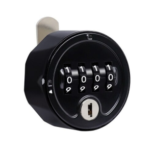A black circular auto scrambling 4 dial combination lock with a short barrel in private mode on a white background.
