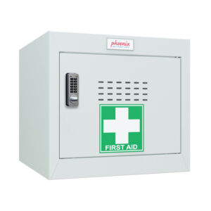 A phoenix cube locker in light grey with a medical sticker and electronic lock on a white background.