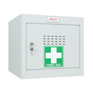 A phoenix cube locker in light grey with a medical sticker and key lock on a white background.