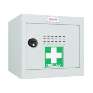 A phoenix cube locker in light grey with a medical sticker and combination lock on a white background.
