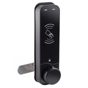 A black contactless rfid locker lock in public mode with short barrel length on a white background.