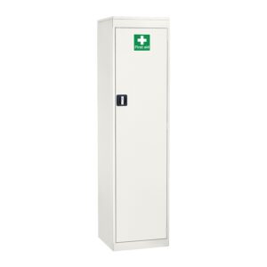 A white tall probe slim standard medical cabinet with a first aid sticker on the door and locker cam locks.