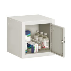 A probe cube medical cabinet with door open and all medical contents on show with a cam lock.