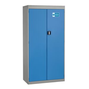 A blue and silver probe tall ppe cupboard with a sticker and locker cam lock on the right door.
