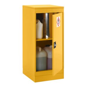 A yellow low height probe small hazardous cabinet with the door open and all contents on both levels showing.