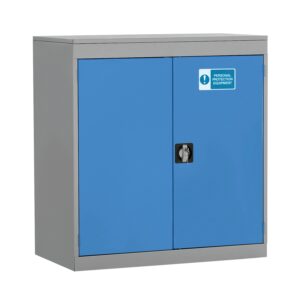 A 2 door probe low ppe cupboard with a sticker and a locker cam lock on the right side blue door.