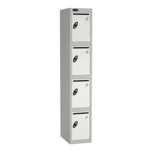A probe 4 door locker with postal slots, white doors and a silver frame on a white background.